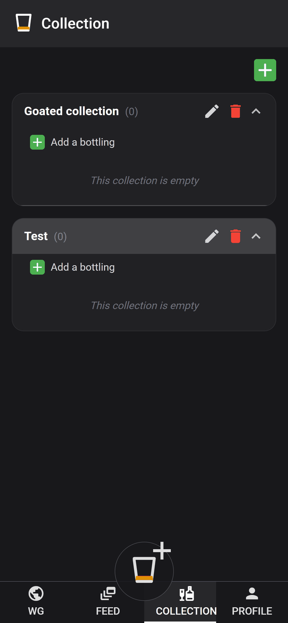 Collections in the app, with lists you can open and add a bottling to