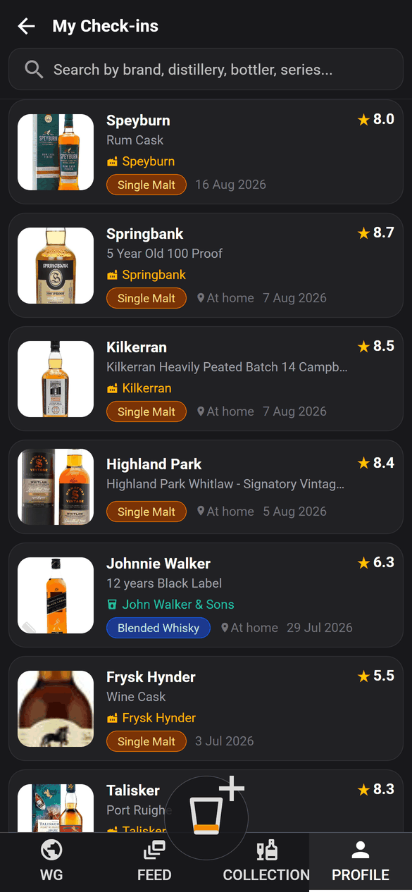 A personal check-in history listing whiskies with ratings and dates