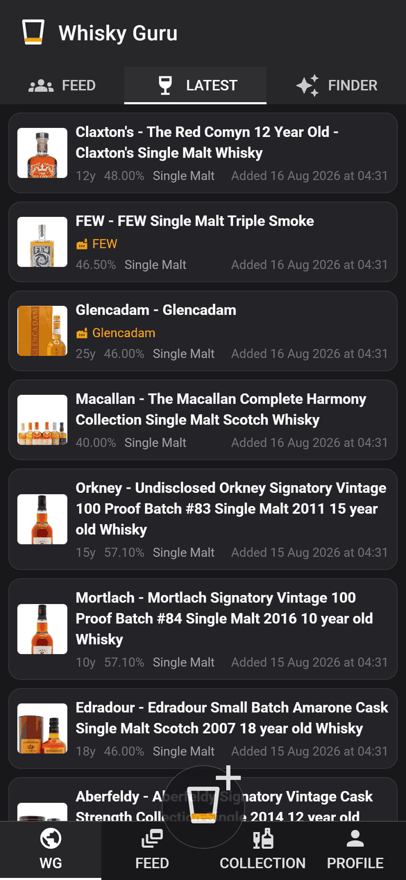 The Whisky Guru Latest tab listing newly added bottlings with photos, age and strength